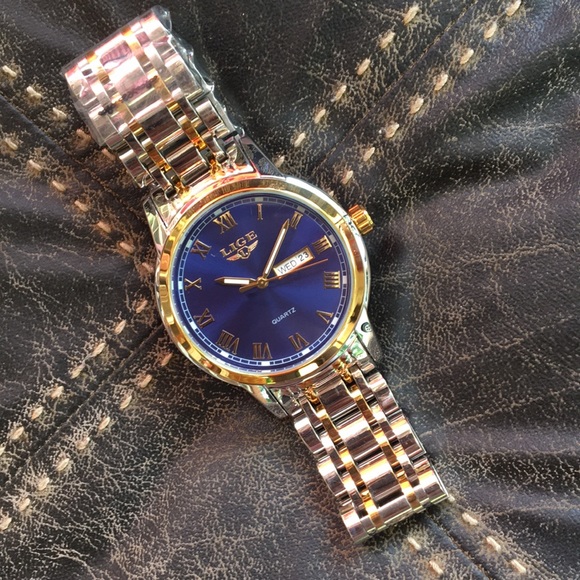 LIGE 1853 dream watch 42mm blue burst dial day date wristwatch NWOT - Picture 2 of 10